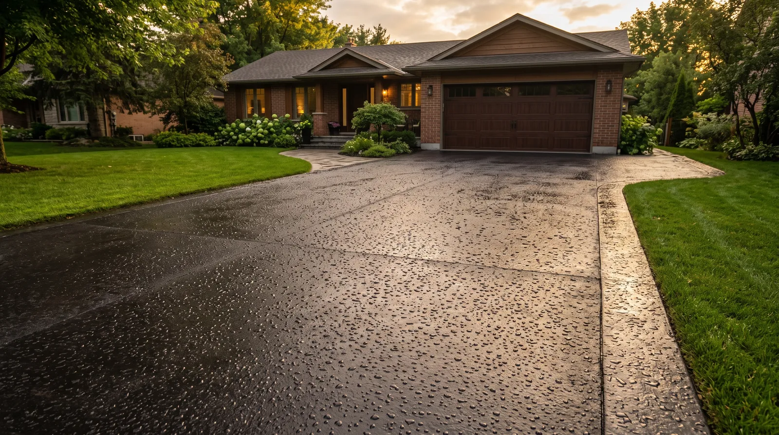 Finished cured driveway with water beading on the surface and clean edges against the lawn