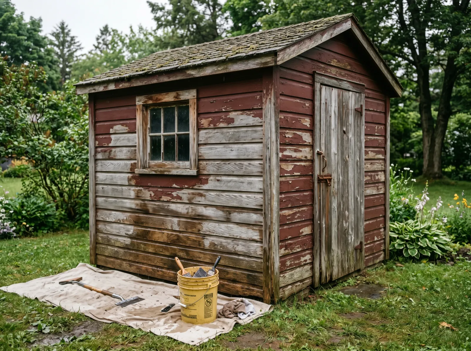 Weathered shed with old paint scraped off and siding washed clean