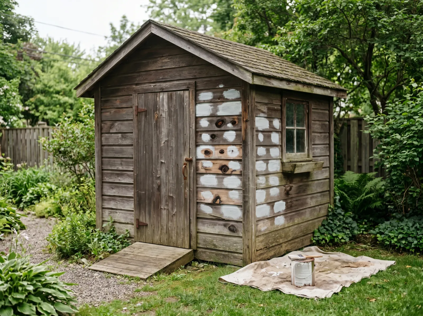 Shed with bare-wood patches and knots spot-primed in grey-white primer