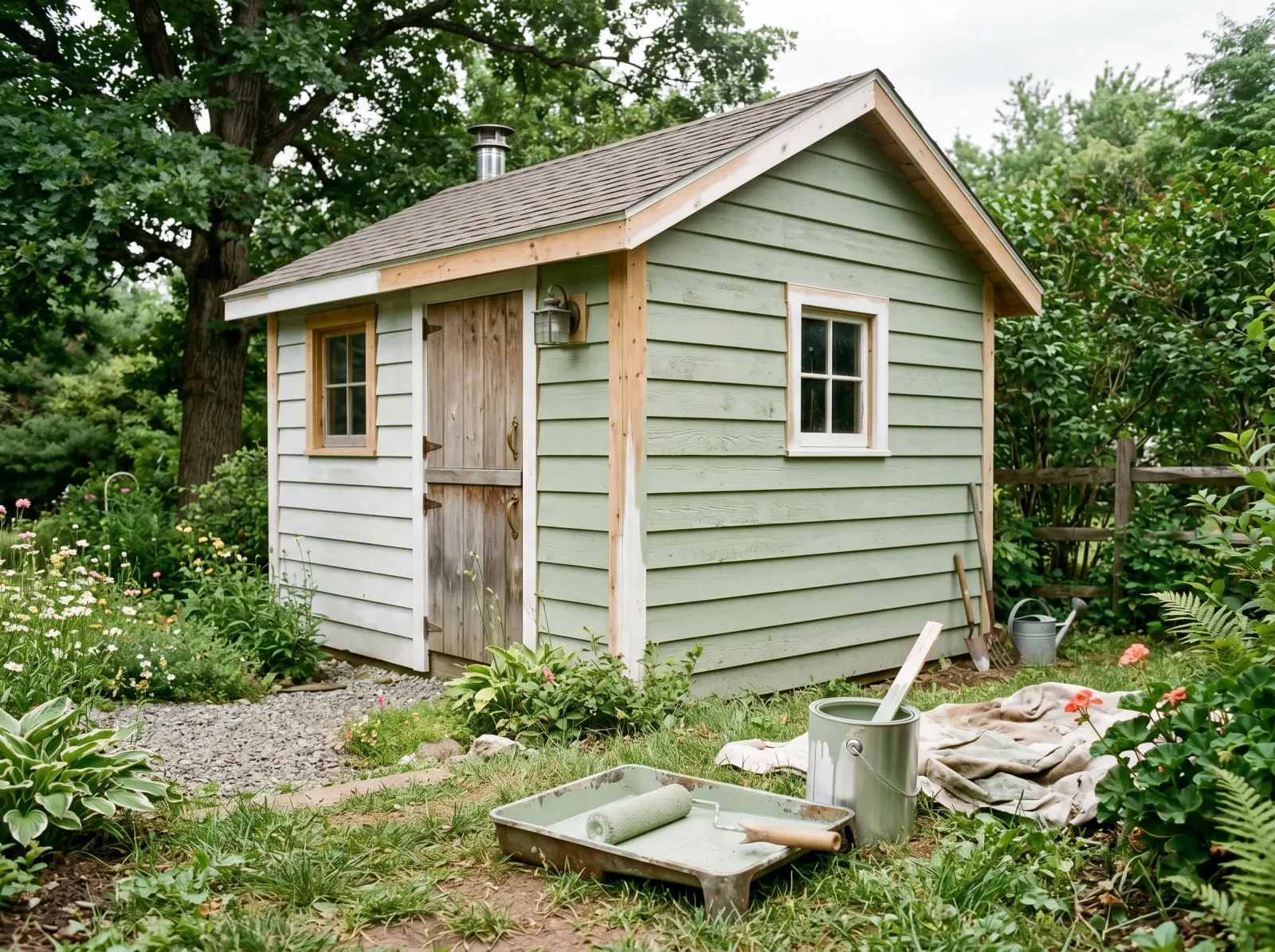 Shed with a thin first coat of sage green on the siding, trim still unpainted
