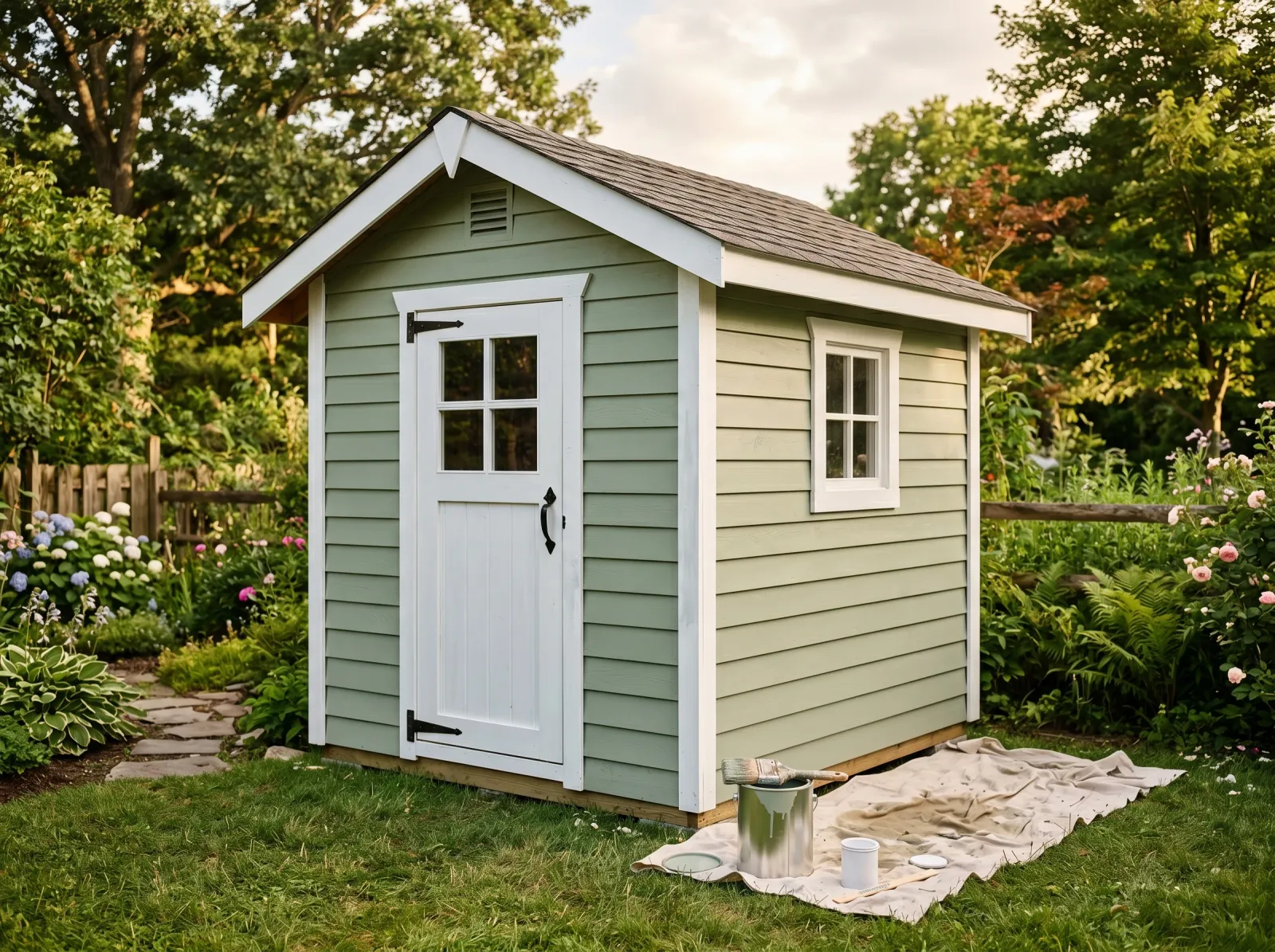 Nearly finished shed with even sage green siding and freshly painted white trim