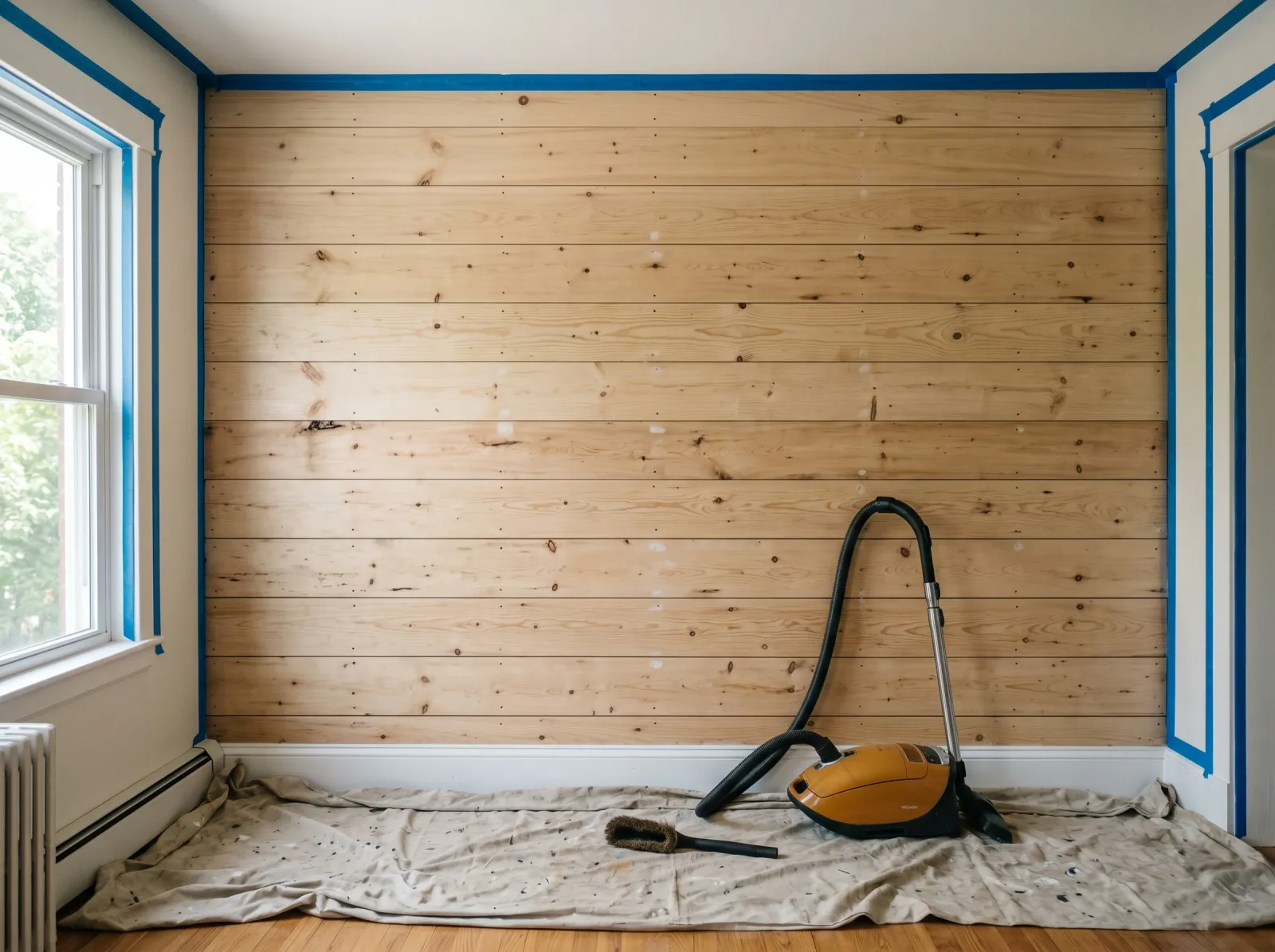 Shiplap wall prepped for paint with grooves vacuumed and nail holes filled