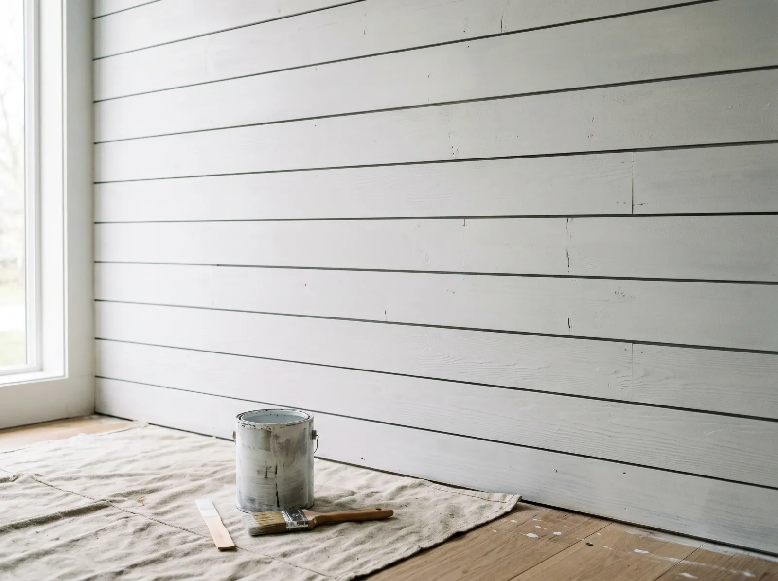 Shiplap wall coated in a single primer film with the board seams still visible