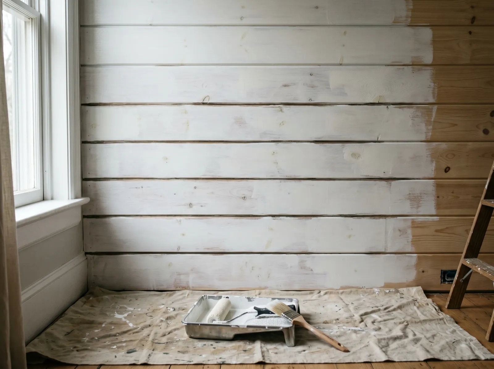 Shiplap wall with a patchy first coat of white paint, grooves freshly brushed