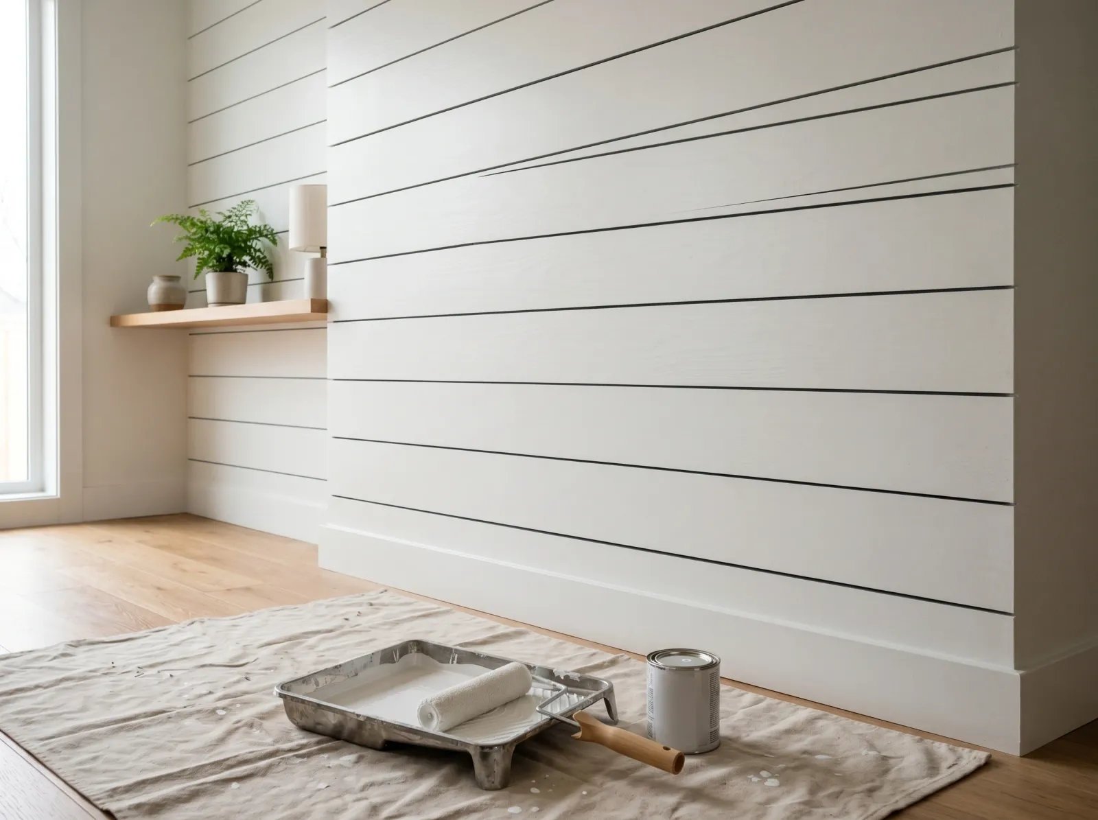 Shiplap wall with an even second coat of white and clean shadow lines between boards