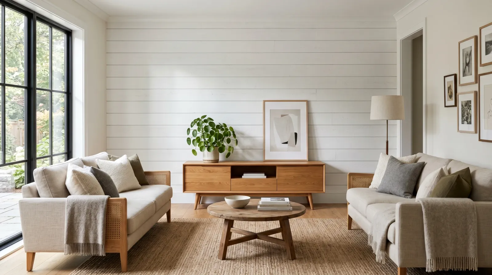Finished living room with the painted shiplap wall and console back in place