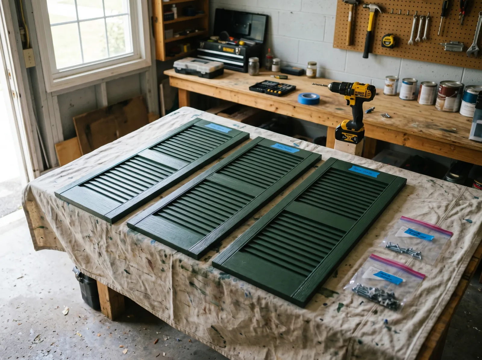 Three louvered exterior shutters laid flat in a sunlit garage with labeled hardware bags