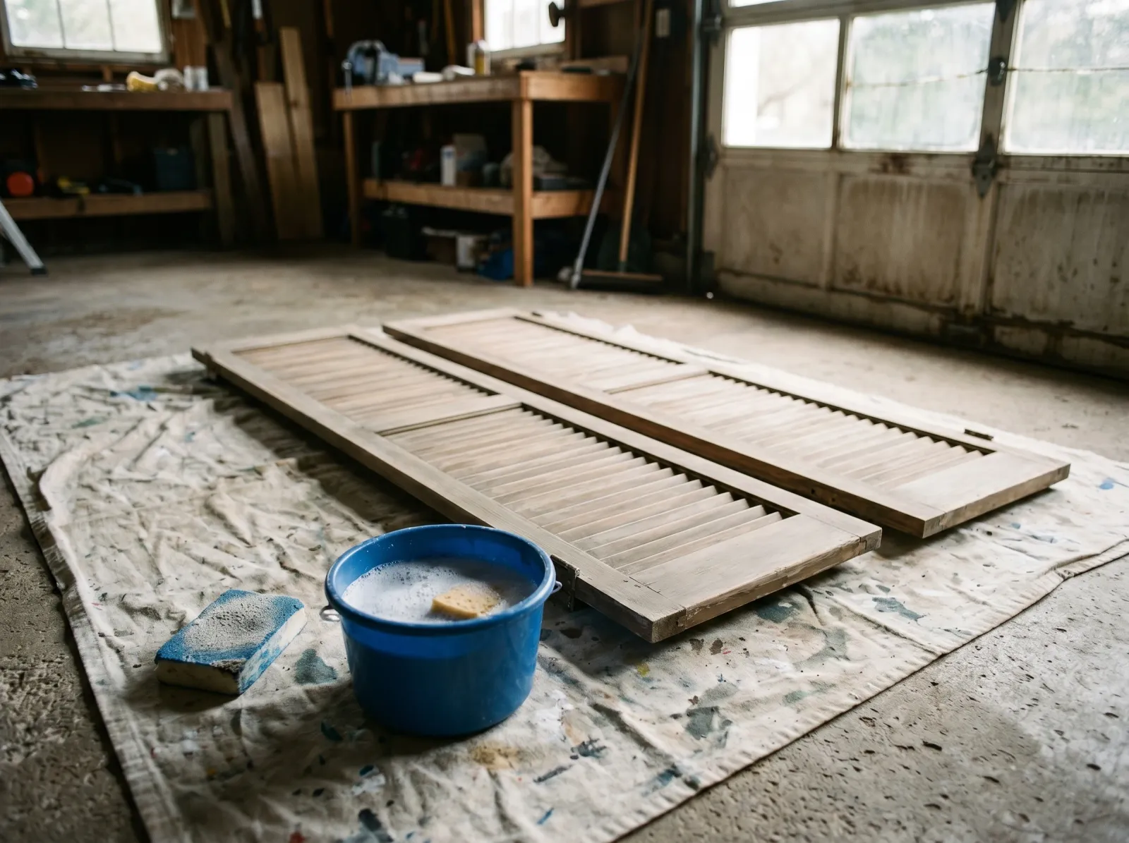 Louvered shutters scuff-sanded to dull matte on a drop cloth with sanding sponge and bucket