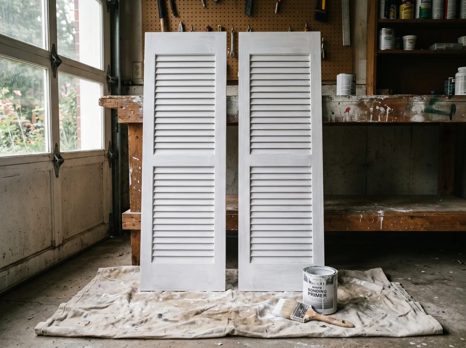 Louvered shutters with white bonding primer on both faces, brush and can on drop cloth