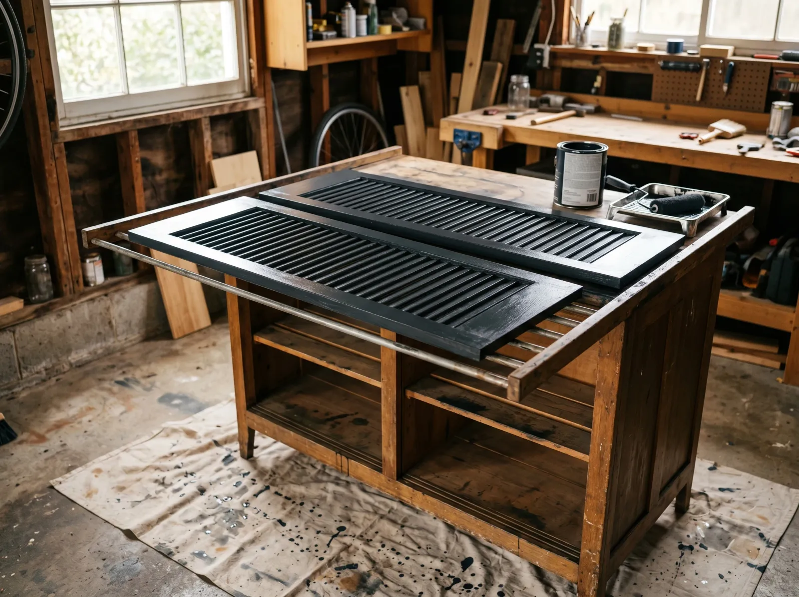 Freshly painted charcoal shutters drying flat on a wooden rack in a sunlit garage