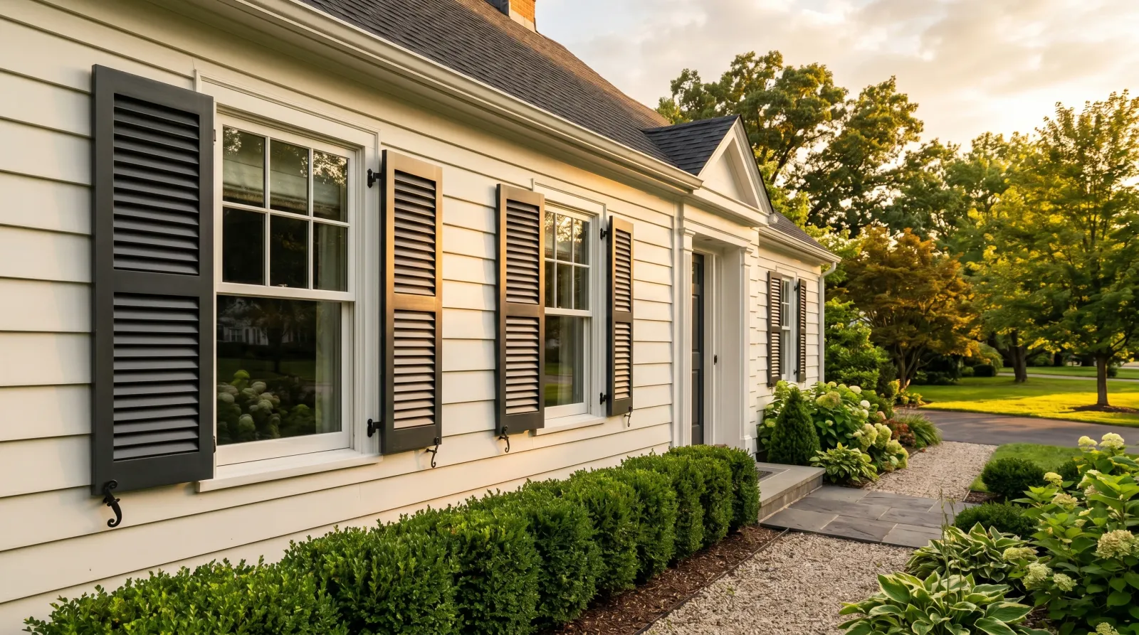 Freshly reinstalled charcoal shutters on a contemporary American home at golden hour