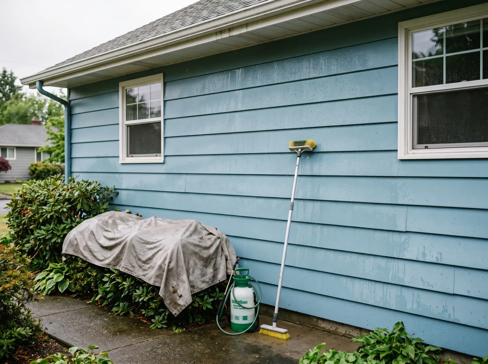 Aluminum siding freshly washed and still damp with cleaning tools leaning against the wall