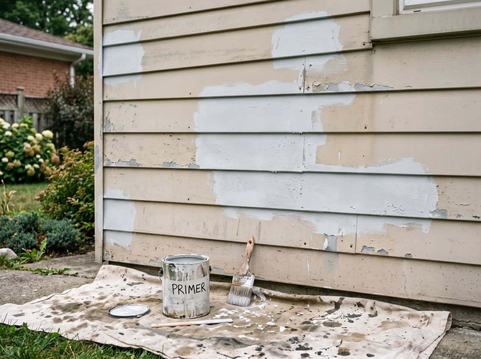 Aluminum siding with bonding primer spot-applied over bare and failed patches