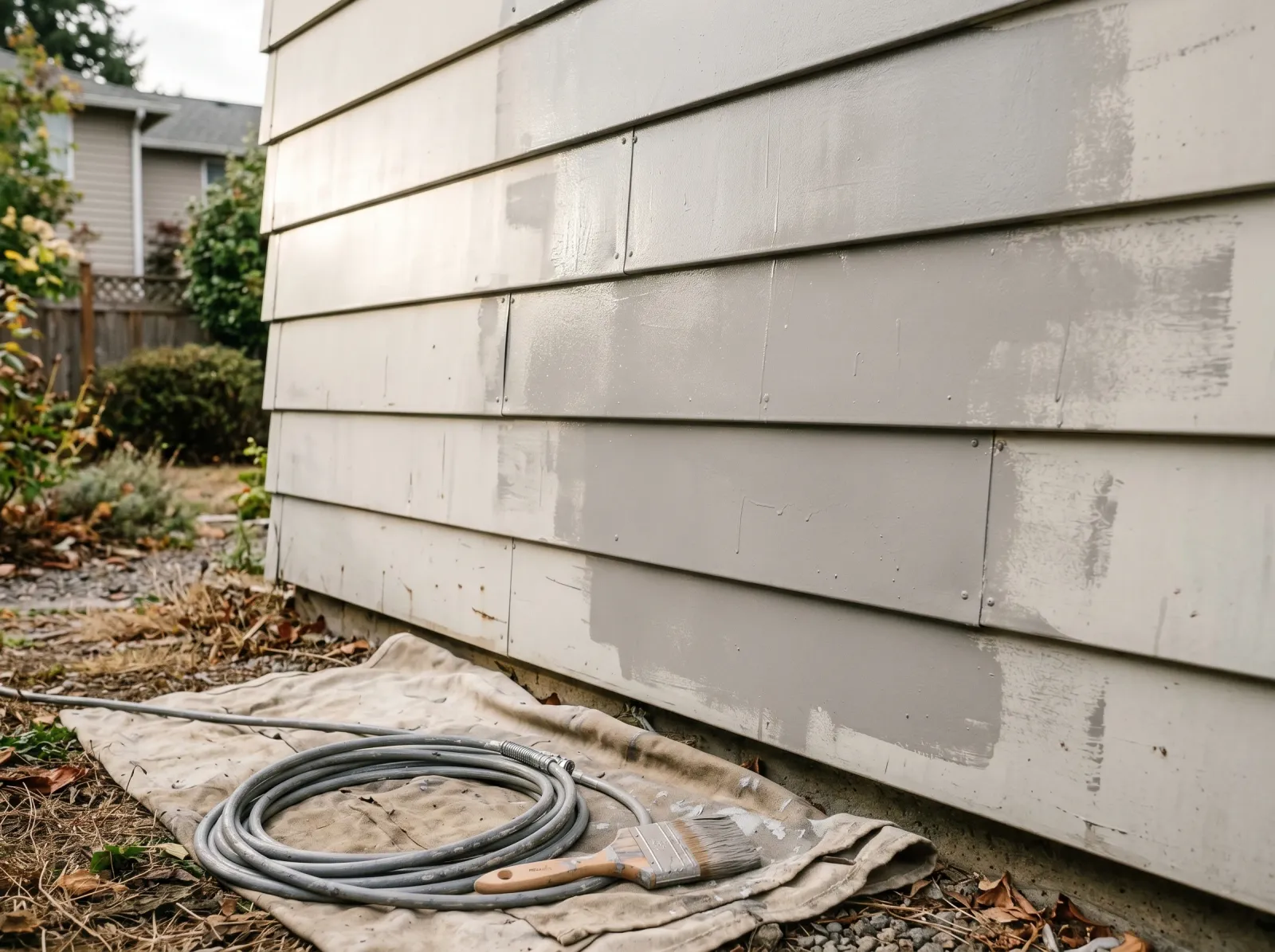 Aluminum siding with a fresh first coat of gray acrylic, sprayer hose and brush on a drop cloth
