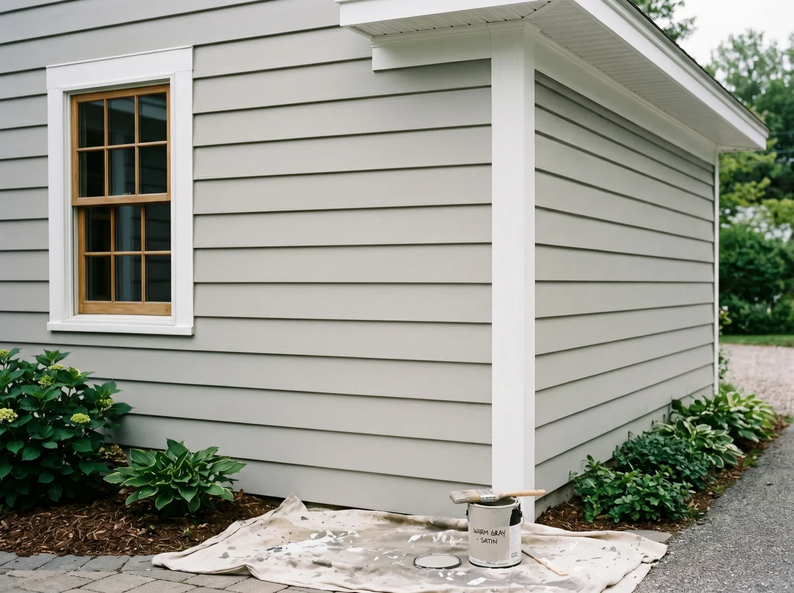 Aluminum siding with even second coat and freshly painted white trim and corner boards