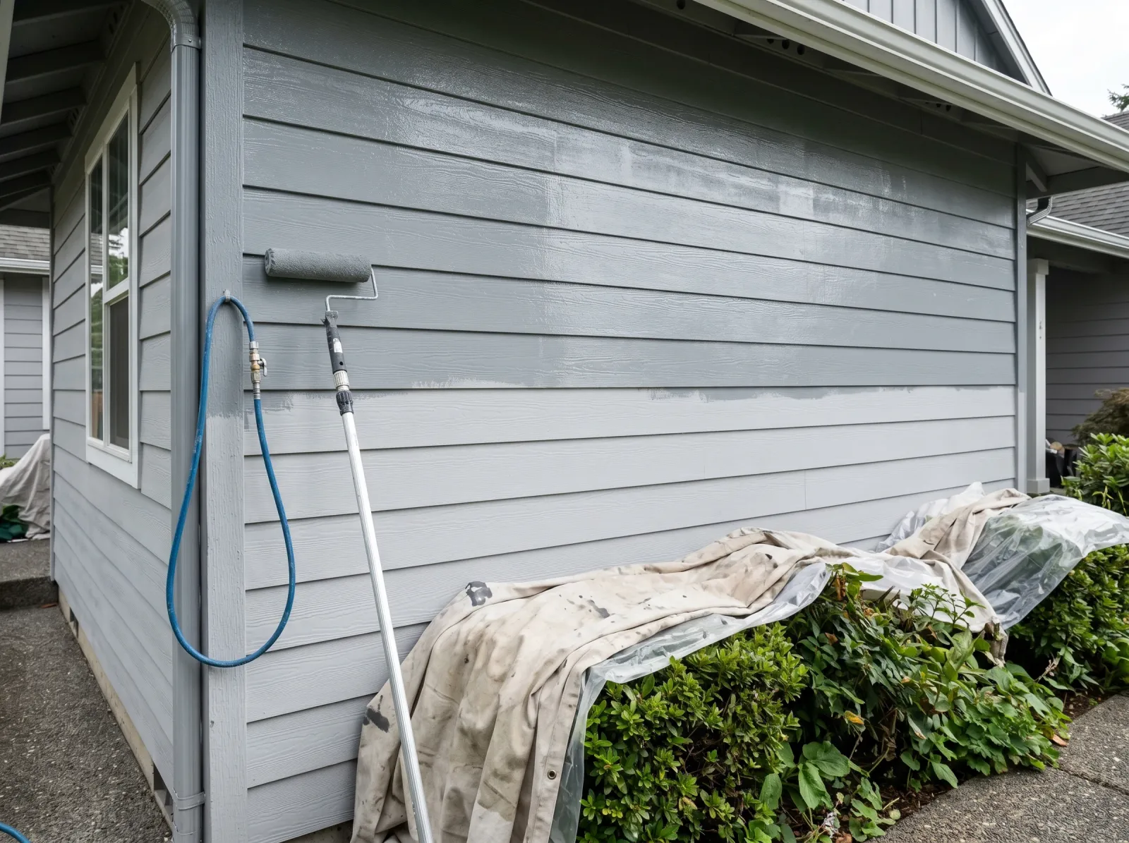 Fiber-cement siding with first coat of gray paint half covering the wall, sprayer and roller staged