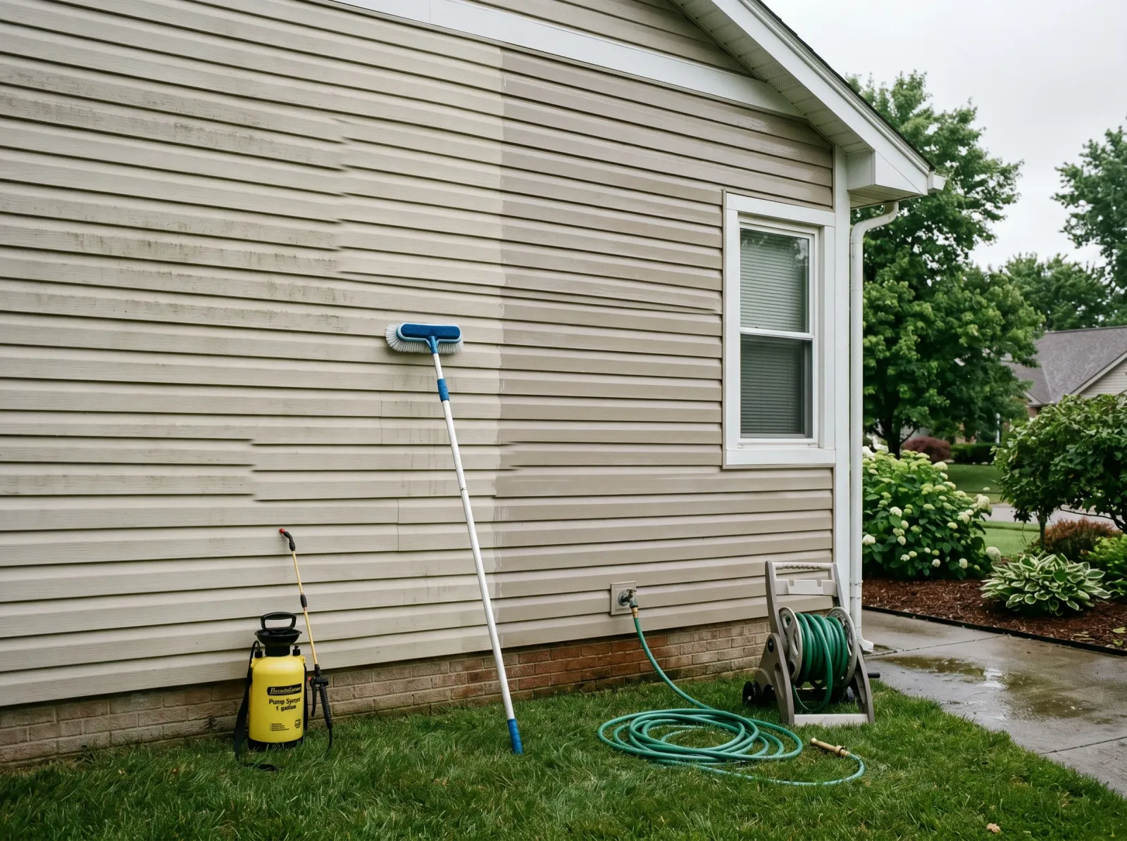 Vinyl siding being washed clean with a pump sprayer and scrub brush leaning against the wall