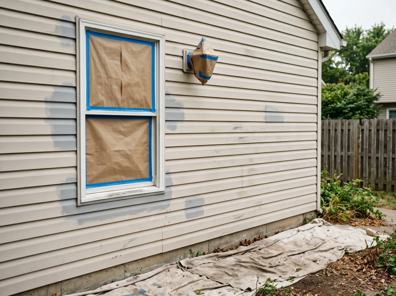 House exterior with windows and trim masked off and chalky siding spots spot-primed grey