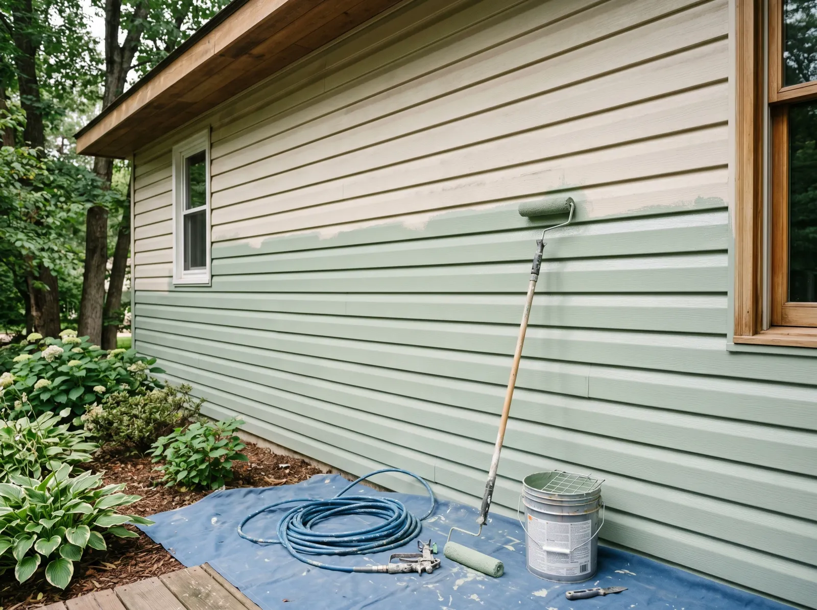 Vinyl siding wall with first coat of sage-green paint halfway across, meeting the old color at a wet edge
