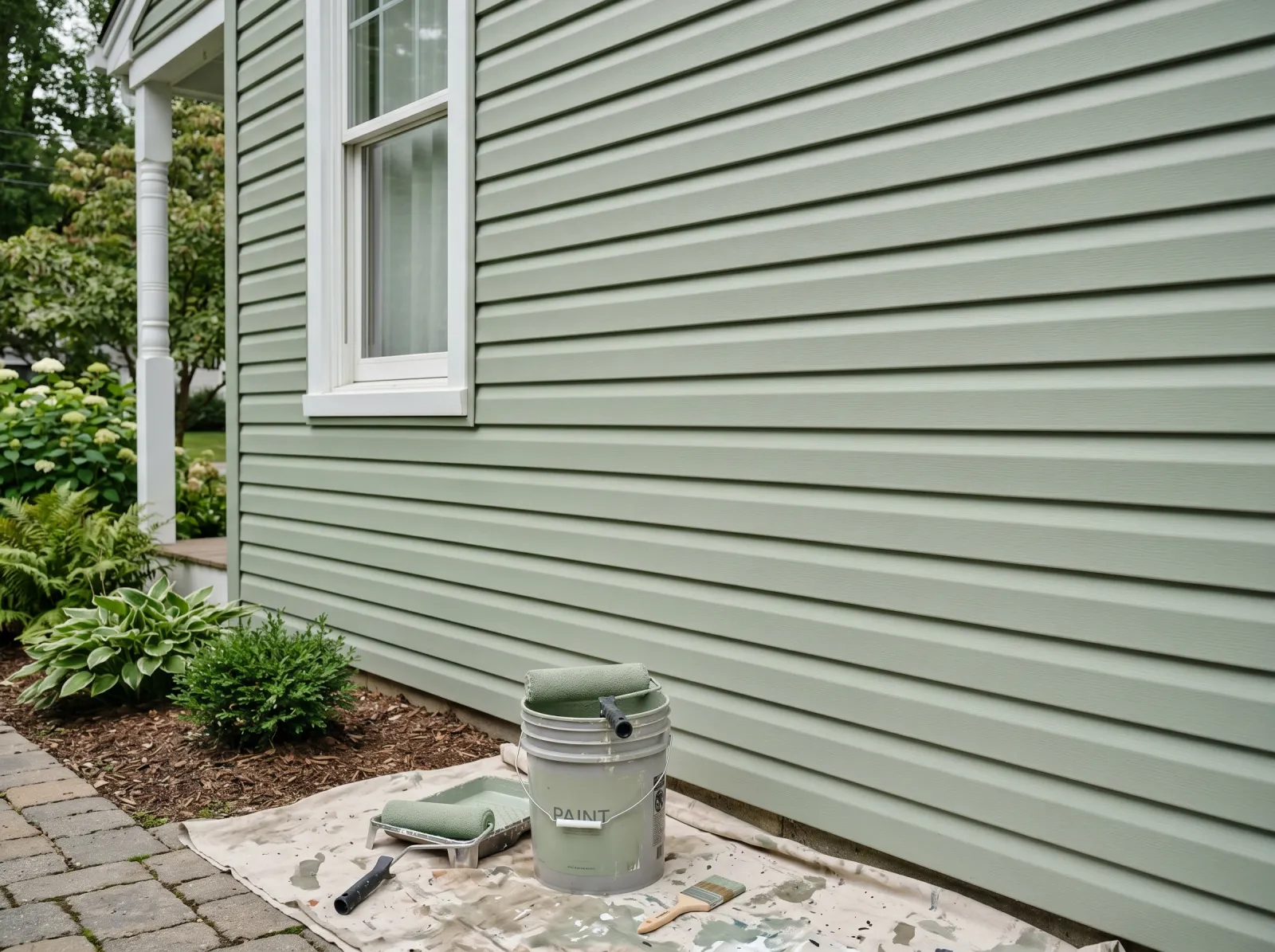 Vinyl siding wall with an even finished second coat of sage-green paint and crisp lap lines