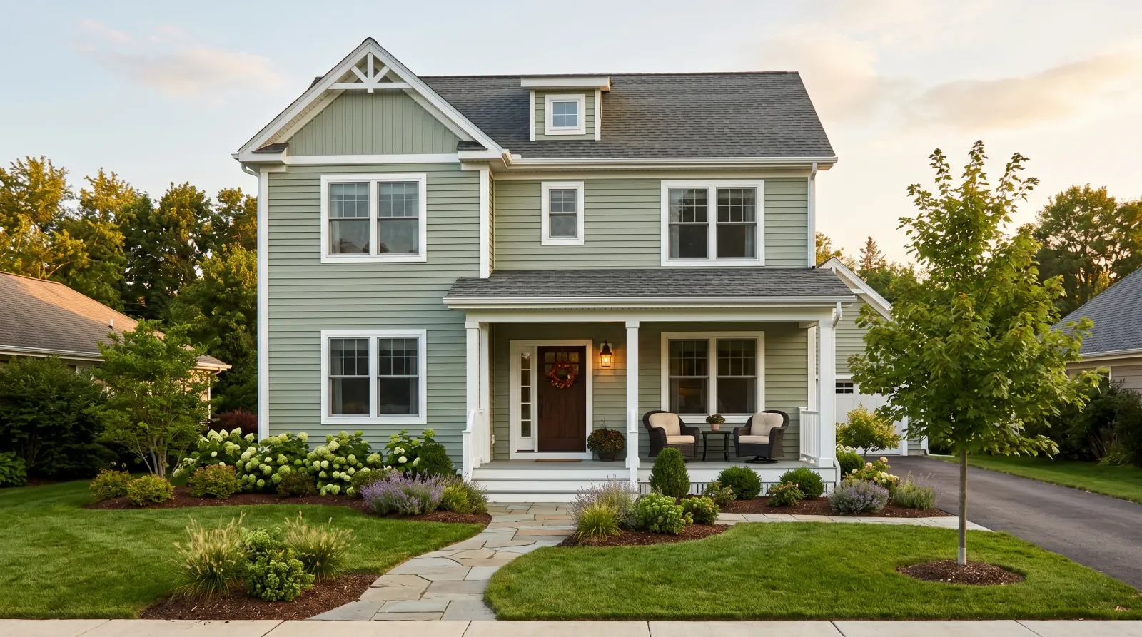 Finished two-story house with freshly painted sage-green vinyl siding and white trim, masking removed