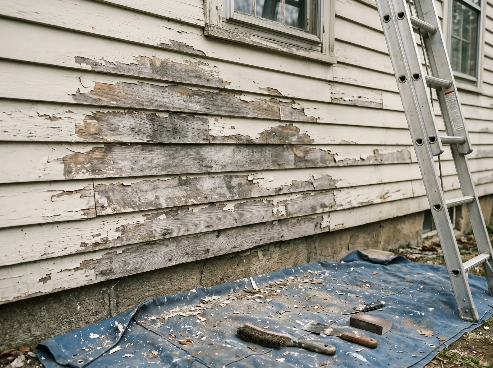 Wood clapboard siding scraped back to bare wood in patches with feathered paint edges