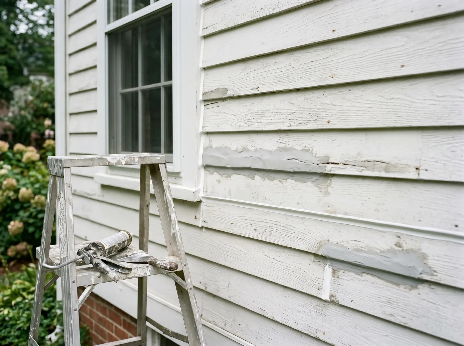 Repaired wood siding with epoxy-filled spots and fresh caulk along the joints