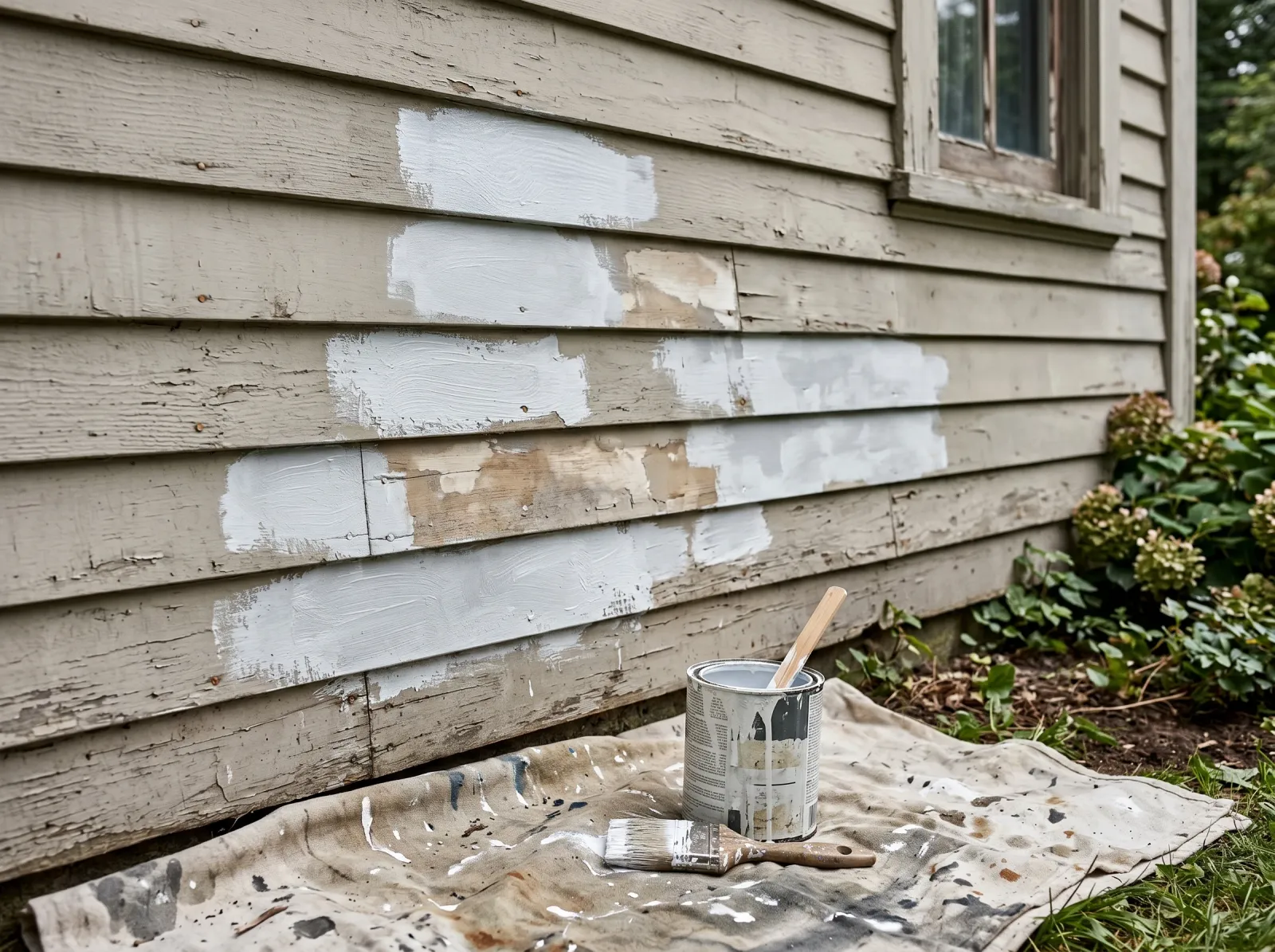Wood siding with white-gray stain-blocking primer spotted over the bare-wood patches