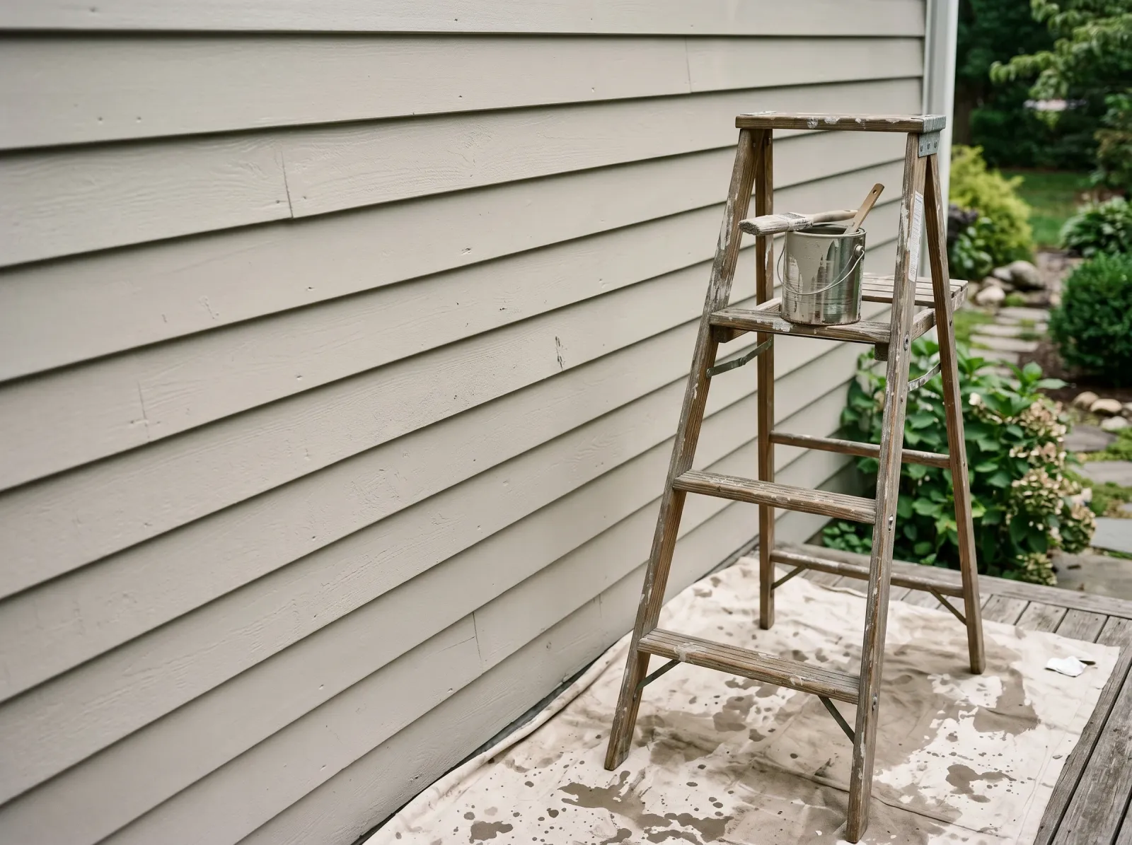 Wood clapboard siding with first coat of warm-gray exterior paint brushed evenly into the grain