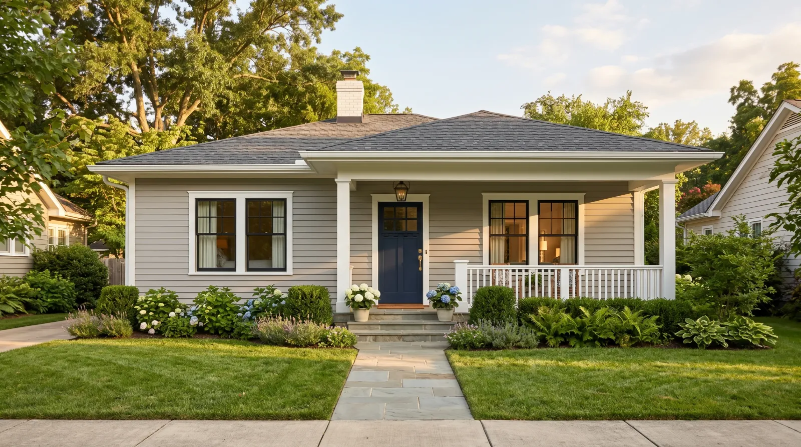 Finished house with two even coats of warm-gray paint on the wood siding and white trim