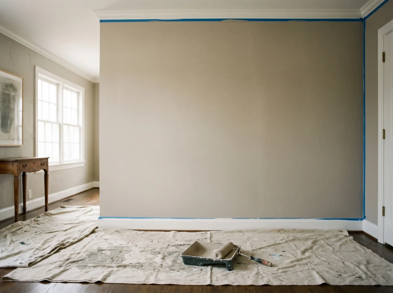 Living room wall rolled in an even greige base coat with tape and drop cloth in place