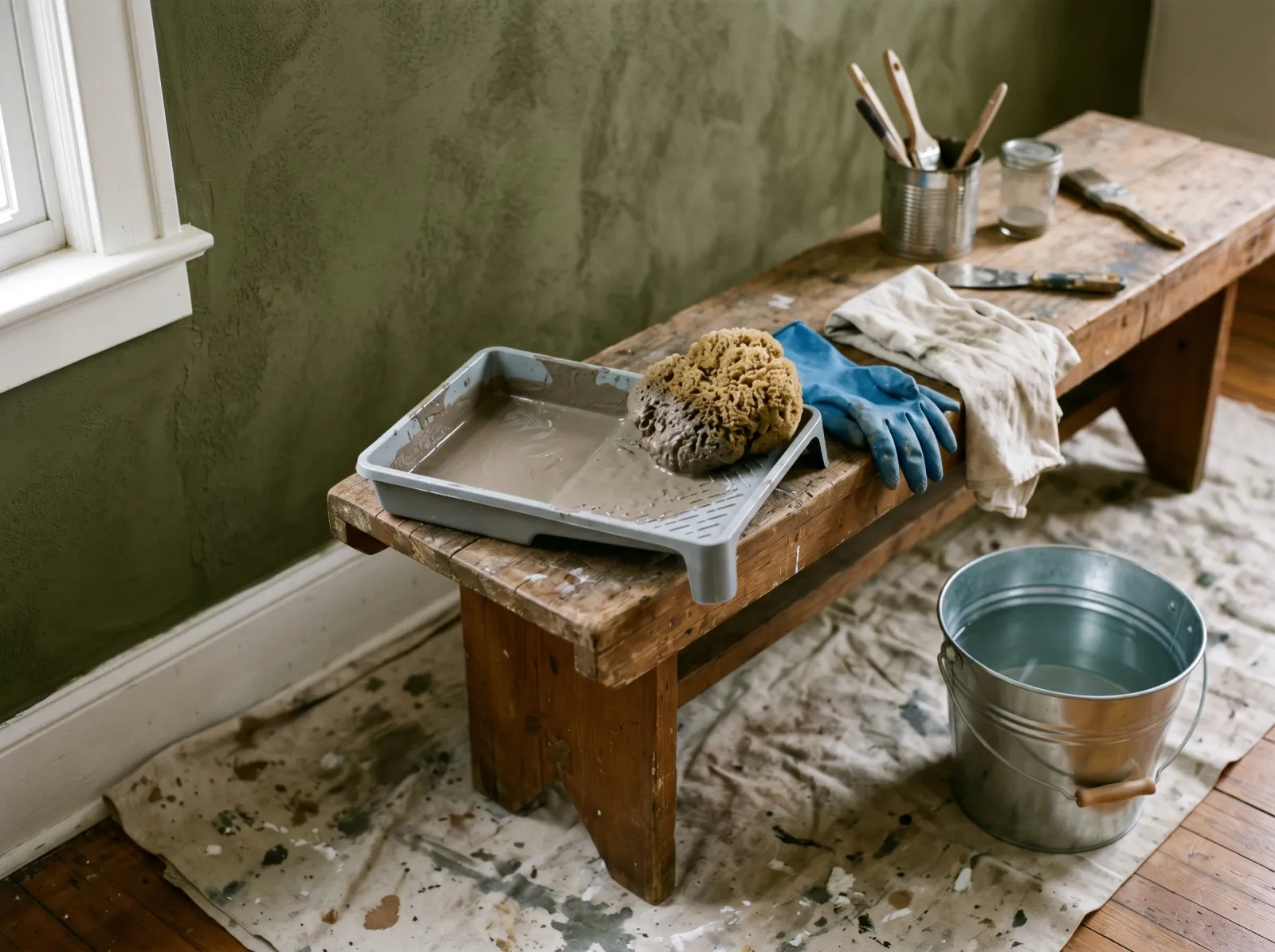 Flat tray of glaze mixture with a natural sea sponge and water bucket on a workbench