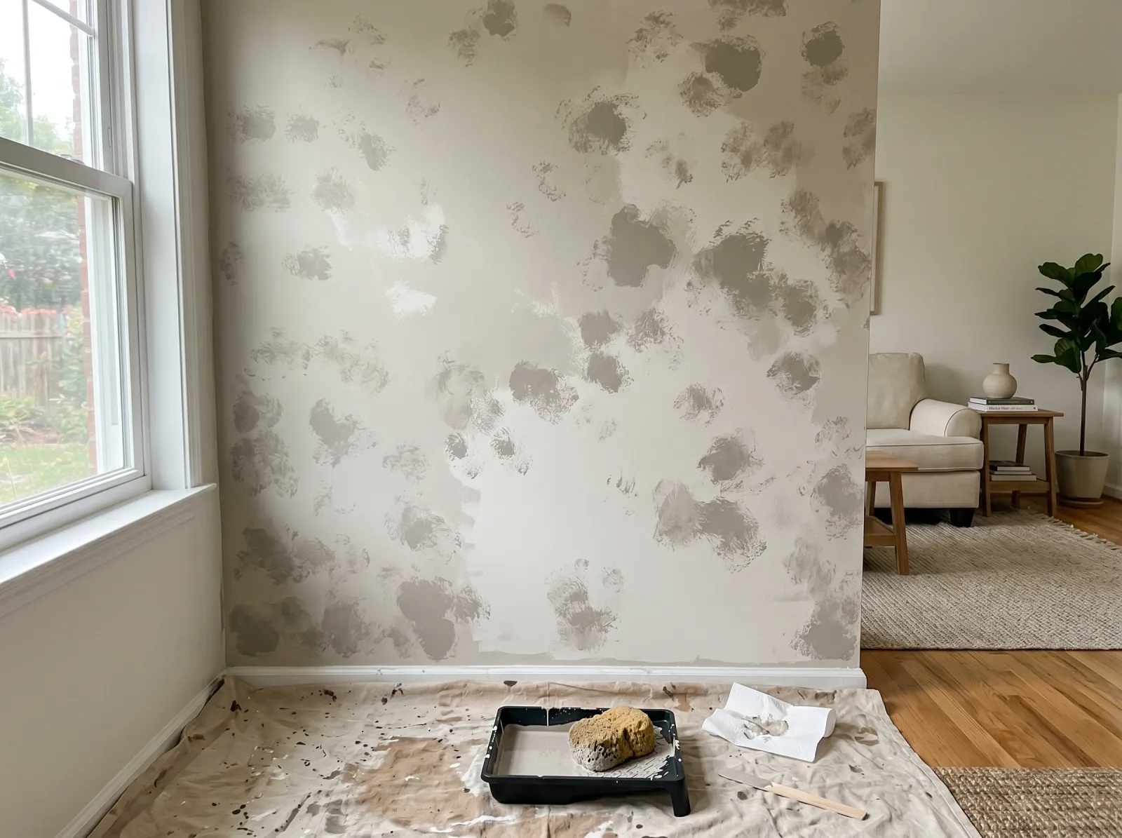 Accent wall mid-project with the second greige tone dabbed on in loose irregular marks