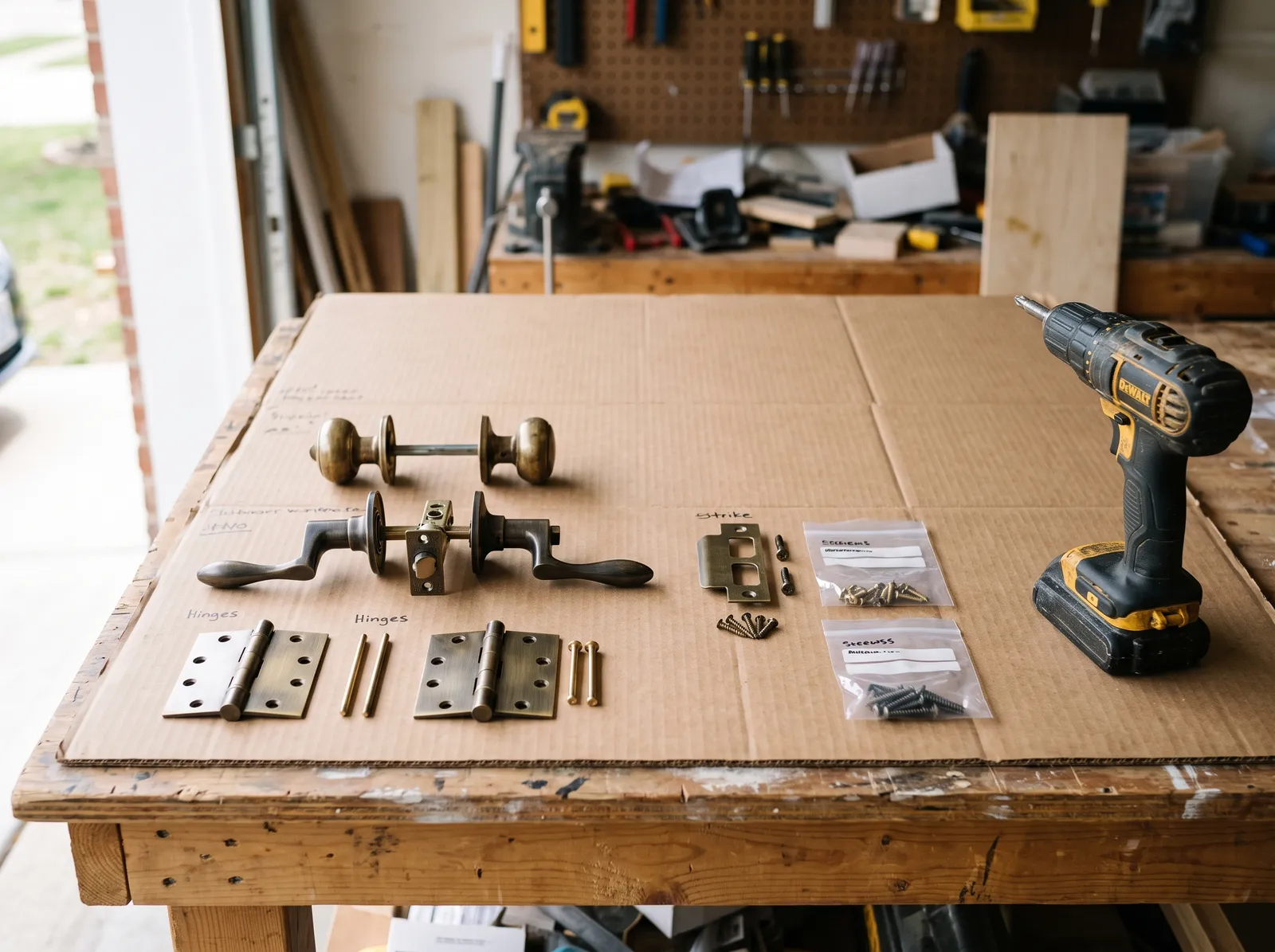 Brass knobs, hinges, and strike plates removed from doors and laid out in rows on cardboard