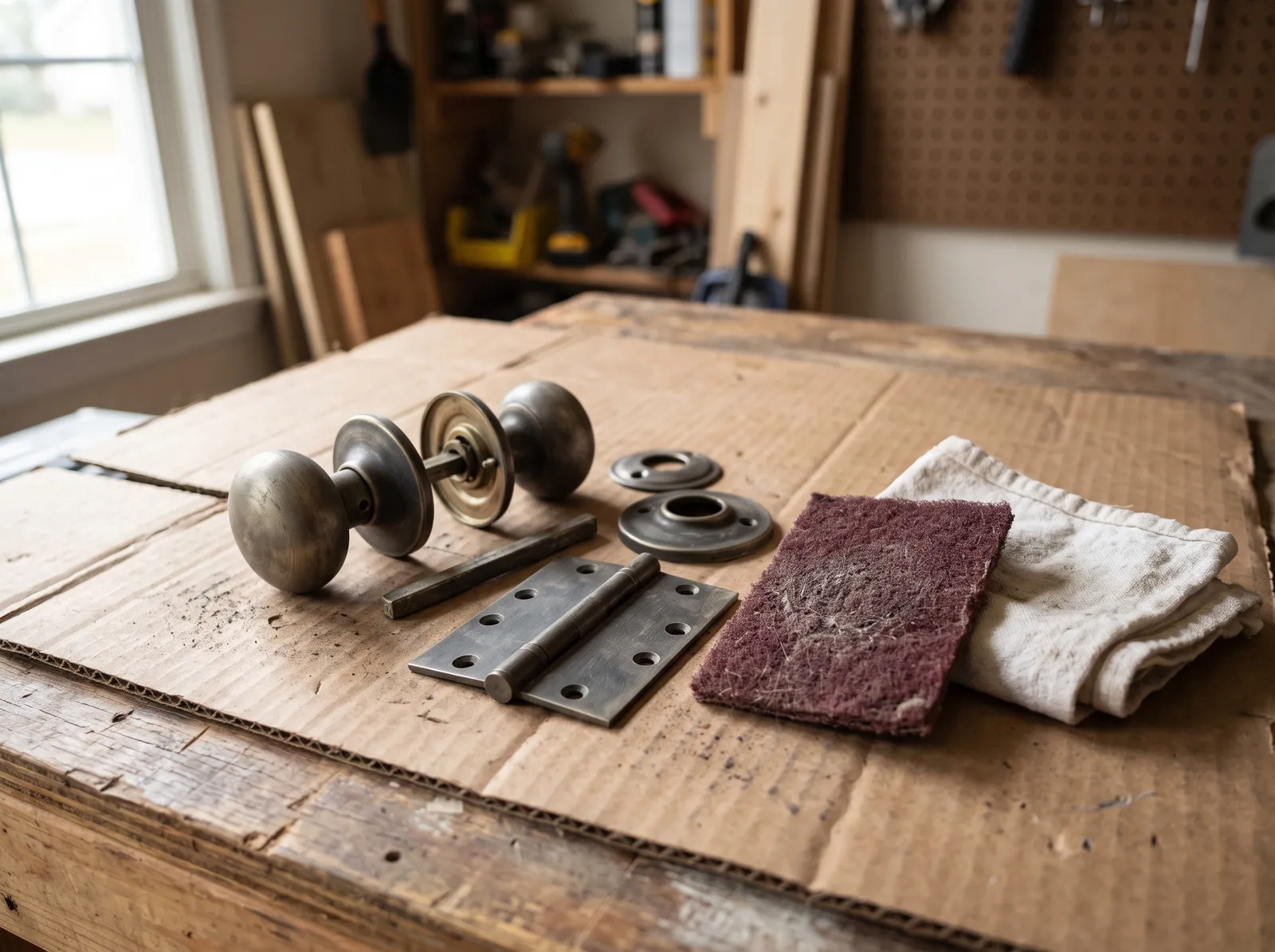 Door knobs and hinges scuffed to a dull haze on cardboard with a scuff pad beside them