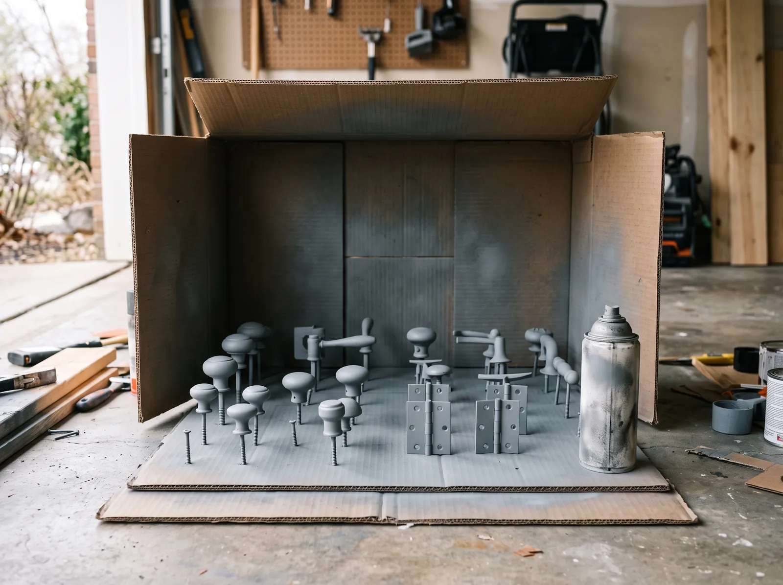 Door hardware standing on screws inside a cardboard spray booth, coated in flat grey primer