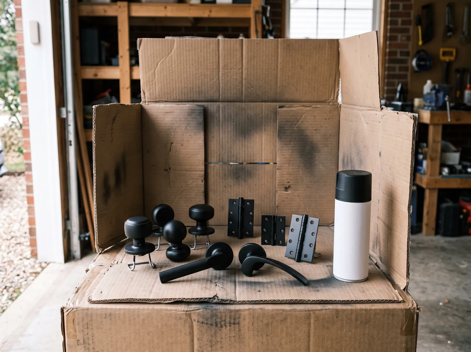 Door hardware coated in even matte black inside a cardboard spray booth