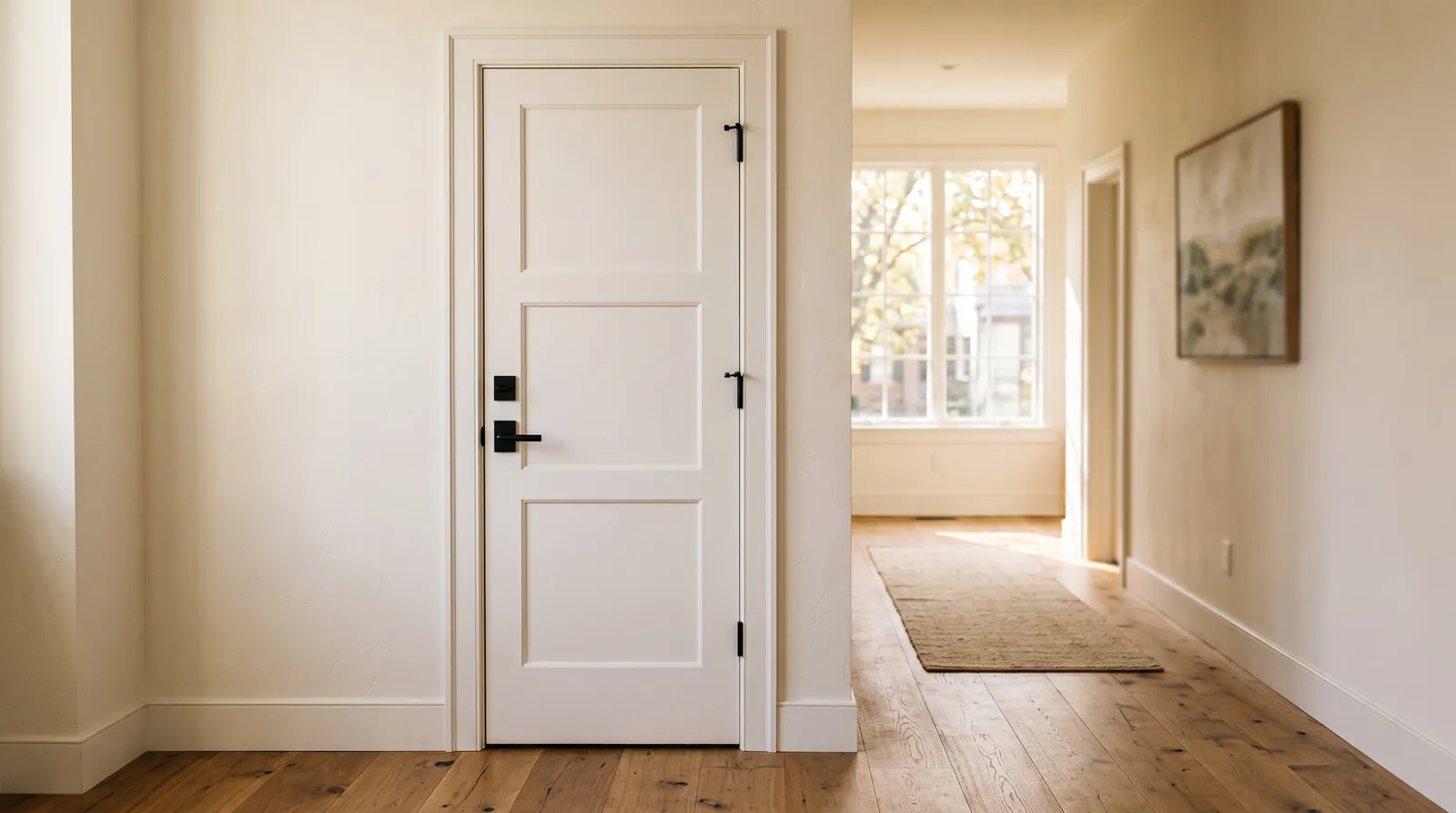 Finished white interior door with matte black lever, hinges, and strike plate in a sunlit hallway