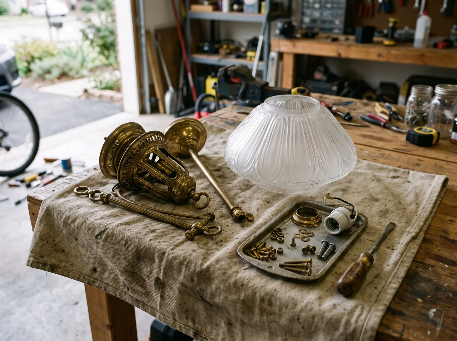 Brass light fixture taken apart on a workbench with screws grouped in a tray