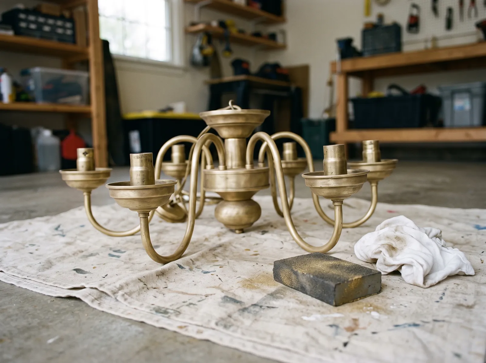 Light fixture frame sanded dull with a sanding sponge and rag beside it