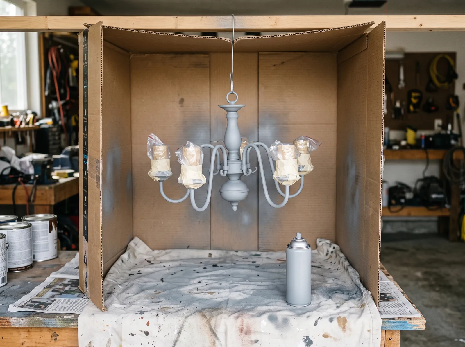 Primed light fixture frame hanging in a cardboard spray booth with sockets bagged