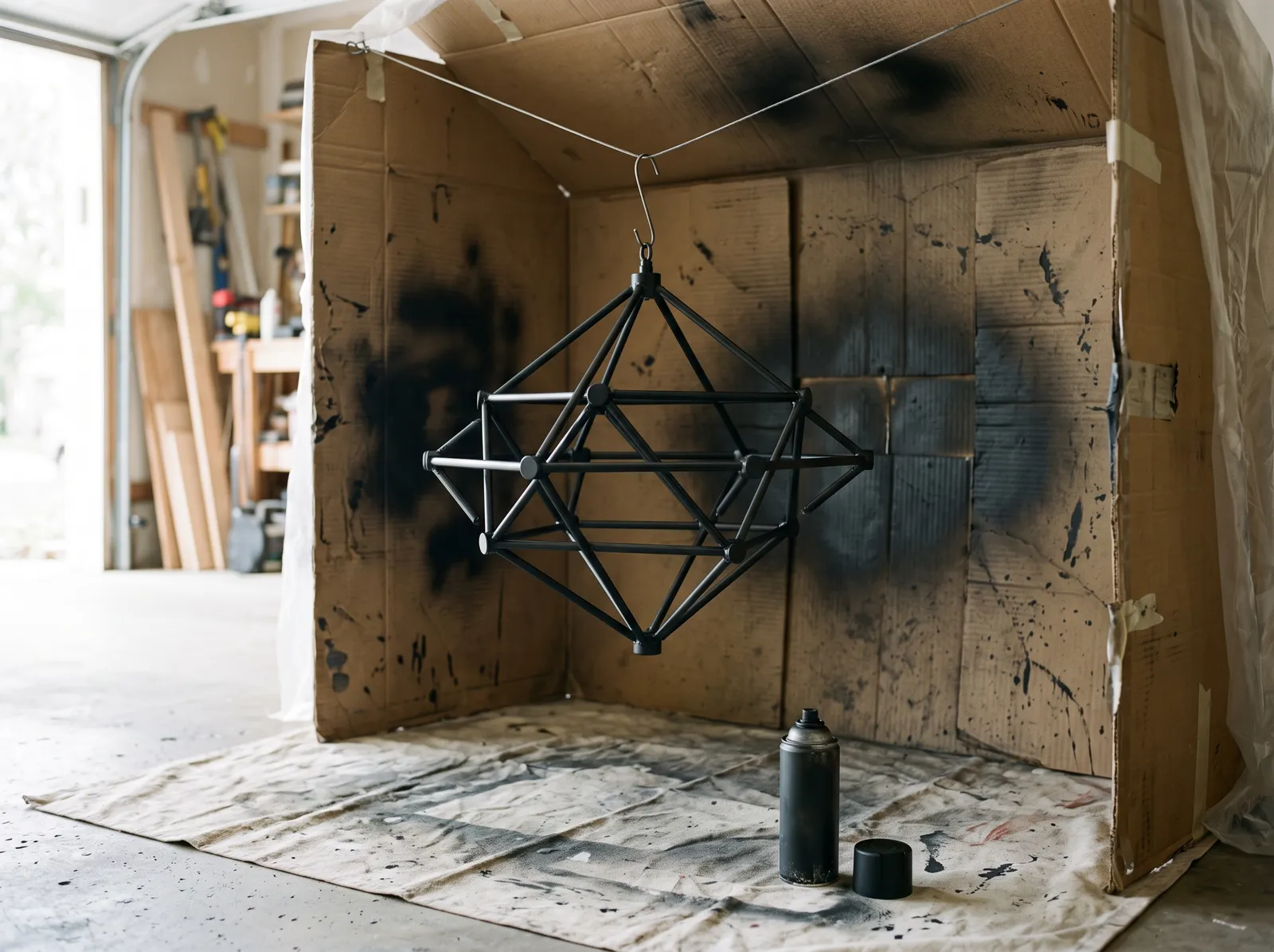 Light fixture frame sprayed matte black hanging to dry in a spray booth