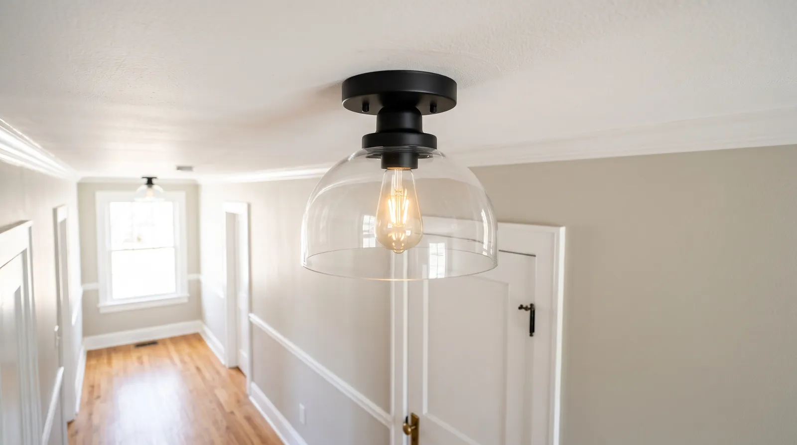 Finished matte black ceiling fixture reinstalled in a sunlit hallway