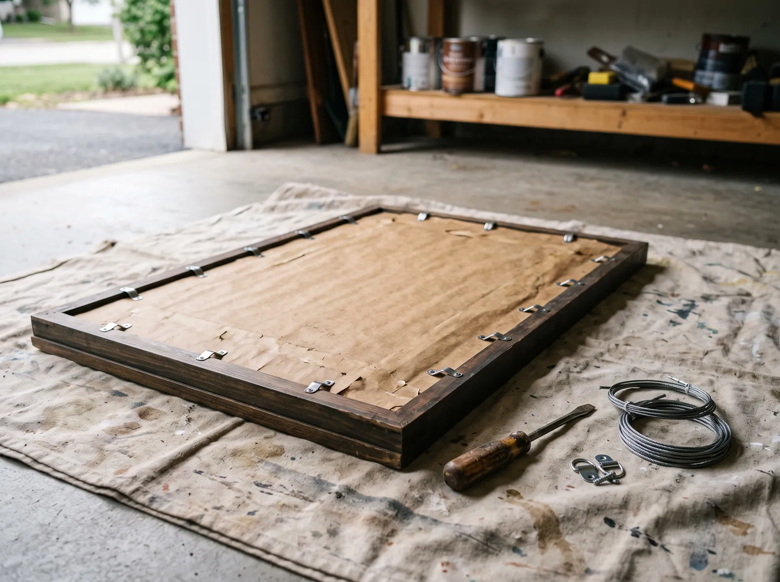 Framed mirror face-down on a drop cloth with the backing clips and hanging wire exposed