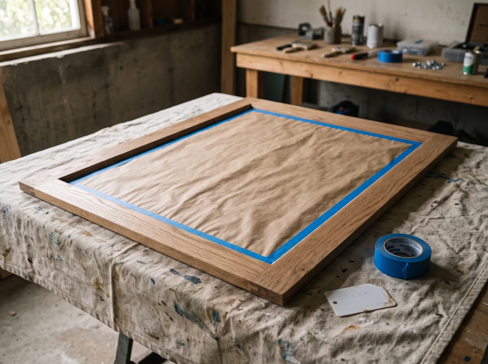 Mirror glass fully masked with kraft paper and a crisp line of painter’s tape at the frame edge