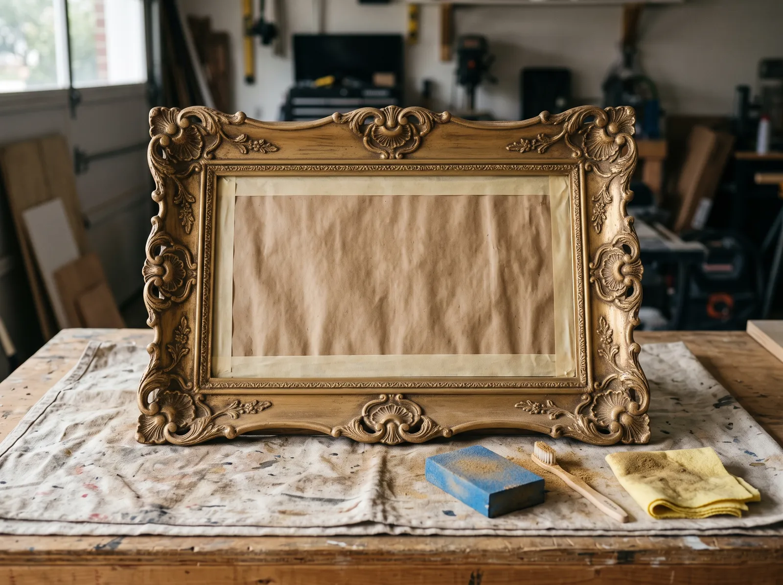 Ornate frame scuffed dull and dusted out, sanding sponge and toothbrush beside it