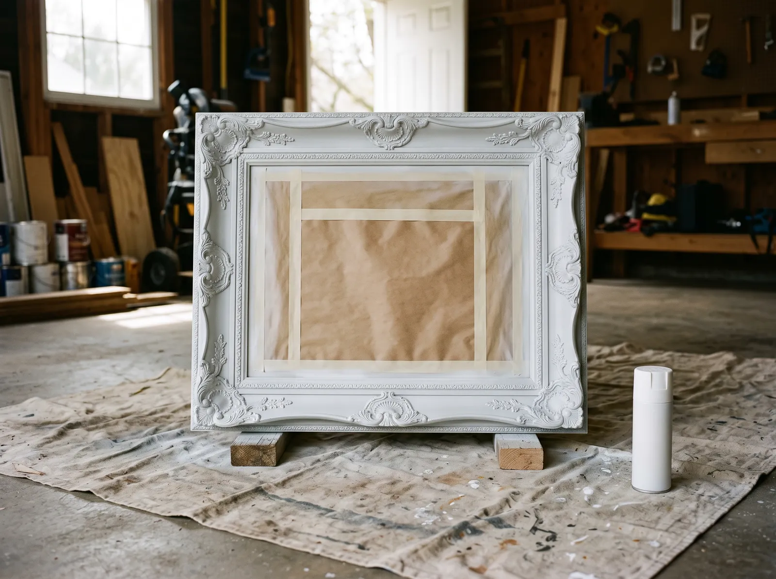 Mirror frame lifted on blocks and coated in an even grey primer film