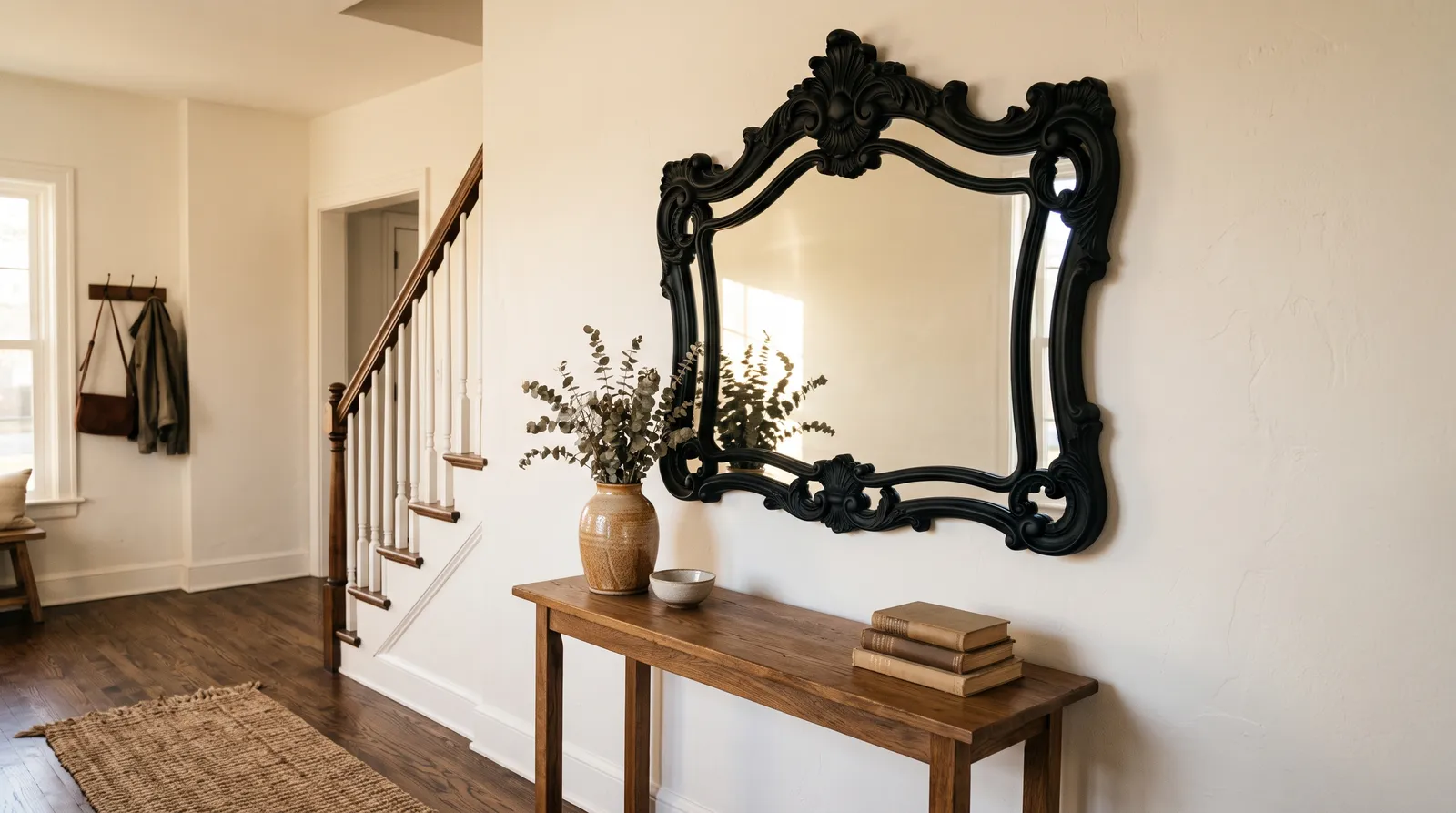 Finished matte black ornate mirror hanging above a console table in a sunlit entryway