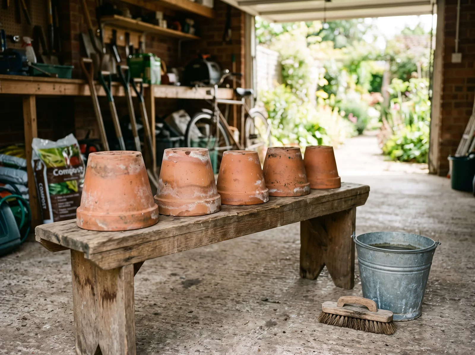 Empty terracotta pots drying upside down on a bench, scrub brush and bucket nearby