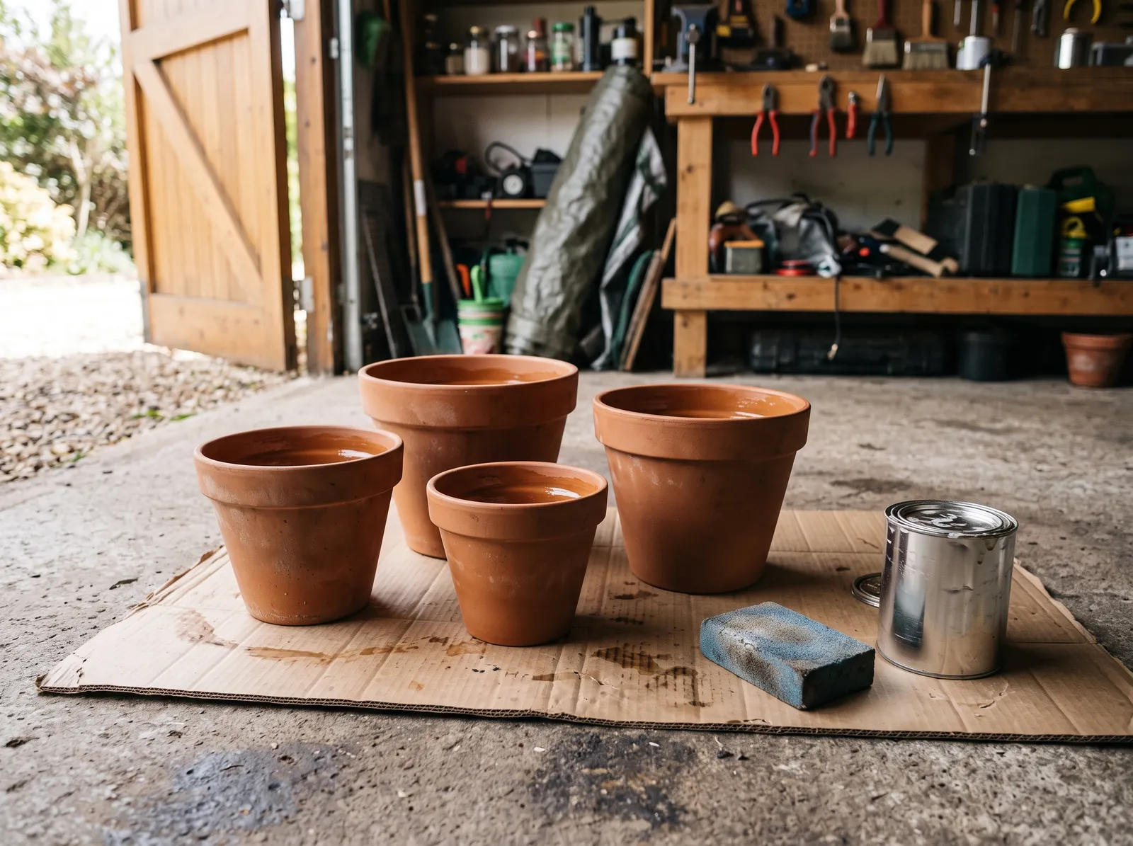 Terracotta pots with sealed interiors drying on cardboard, sanding sponge beside them